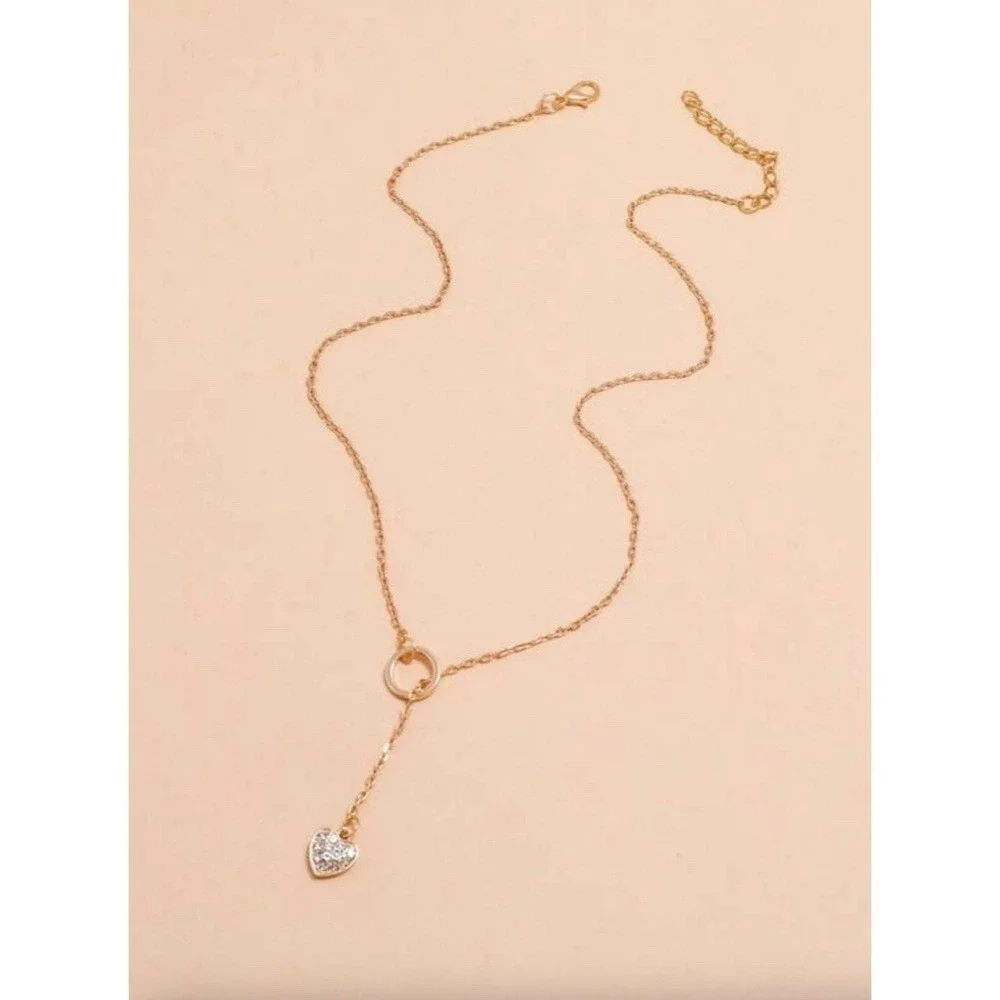 NEW!! Gold‎ Lariat Heart Rhinestone Necklace Delicate Dainty Boho Festival